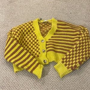 Zara yellow checkered striped knit cardigan